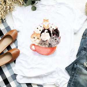 Women Lady Cat Funny Coffee Short Sleeve Cute Print Casual T Tee Womens Tshirt for Female Shirt Clothes Top Graphic T-shirt