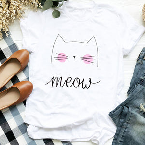 Women Lady Cat Funny Coffee Short Sleeve Cute Print Casual T Tee Womens Tshirt for Female Shirt Clothes Top Graphic T-shirt
