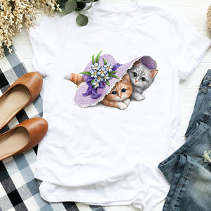 Women Lady Cat Funny Coffee Short Sleeve Cute Print Casual T Tee Womens Tshirt for Female Shirt Clothes Top Graphic T-shirt