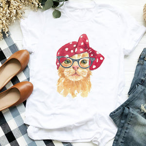 Women Lady Cat Funny Coffee Short Sleeve Cute Print Casual T Tee Womens Tshirt for Female Shirt Clothes Top Graphic T-shirt