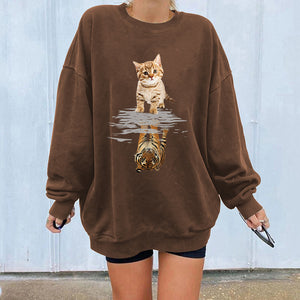 Harajuku Funny Women Sweatshirts Cat&amp;tiger Print Long Sleeve Pullovers Drop Shoulder Tops for Women 2021 Fall Winter Clothrs