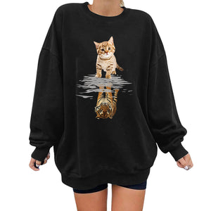 Harajuku Funny Women Sweatshirts Cat&amp;tiger Print Long Sleeve Pullovers Drop Shoulder Tops for Women 2021 Fall Winter Clothrs