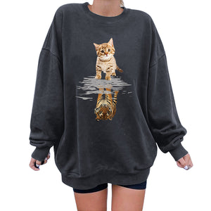 Harajuku Funny Women Sweatshirts Cat&amp;tiger Print Long Sleeve Pullovers Drop Shoulder Tops for Women 2021 Fall Winter Clothrs