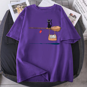 Magic broom cat Harajuku T Shirts Women Fashion Short Sleeve Summer T-shirts Black Outdoor Bodybuilding Tees Tops Poleras Female
