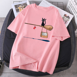 Magic broom cat Harajuku T Shirts Women Fashion Short Sleeve Summer T-shirts Black Outdoor Bodybuilding Tees Tops Poleras Female