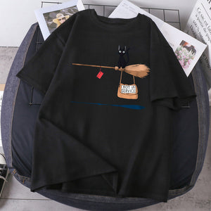 Magic broom cat Harajuku T Shirts Women Fashion Short Sleeve Summer T-shirts Black Outdoor Bodybuilding Tees Tops Poleras Female