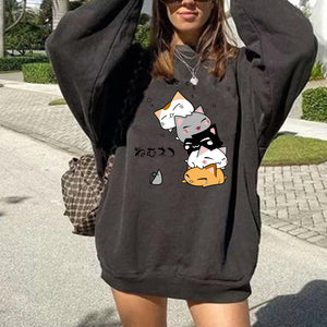Harajuku Anime Kawaii Cute Cat Print Women Sweatshirts Drop-shoulder Pullovers Sweatshirt Hoodie Women Sudaderas Con Capucha
