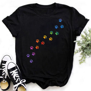 Cat MOM women&#39;s top summer fashion short-sleeved cat and dog paw print women&#39;s T-shirt cute dog paw women&#39;s top