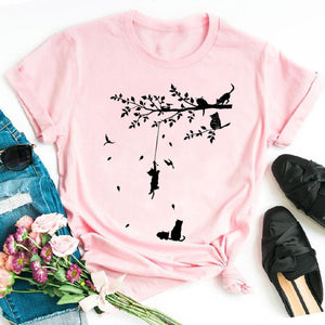 Cat MOM women&#39;s top summer fashion short-sleeved cat and dog paw print women&#39;s T-shirt cute dog paw women&#39;s top