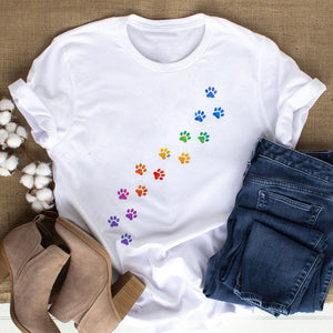 Cat MOM women&#39;s top summer fashion short-sleeved cat and dog paw print women&#39;s T-shirt cute dog paw women&#39;s top