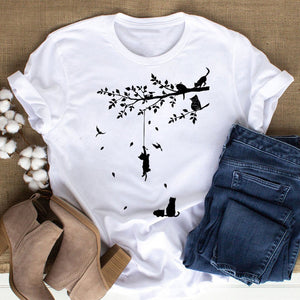 Cat MOM women&#39;s top summer fashion short-sleeved cat and dog paw print women&#39;s T-shirt cute dog paw women&#39;s top