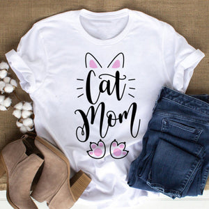 Cat MOM women&#39;s top summer fashion short-sleeved cat and dog paw print women&#39;s T-shirt cute dog paw women&#39;s top