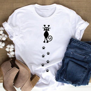 Cat MOM women&#39;s top summer fashion short-sleeved cat and dog paw print women&#39;s T-shirt cute dog paw women&#39;s top
