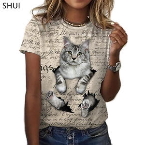 New  Printing Cute Cat/Cat Printing Female T-shirt Fashion Fitness Girl Short-sleeved Tops Fashion Casual Niche Design Clothing