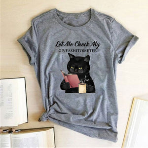 Let Me Check My Give A Shit O Meter Letter Print Funny Black Cat Women T-shirt Short Sleeve Summer Loose Graphic Tee T Shirts