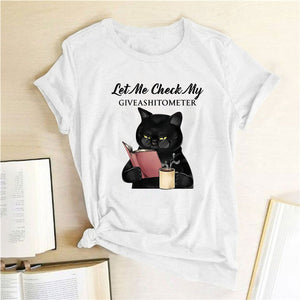 Let Me Check My Give A Shit O Meter Letter Print Funny Black Cat Women T-shirt Short Sleeve Summer Loose Graphic Tee T Shirts