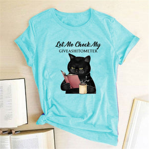 Let Me Check My Give A Shit O Meter Letter Print Funny Black Cat Women T-shirt Short Sleeve Summer Loose Graphic Tee T Shirts