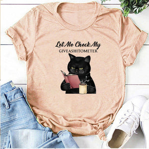 Let Me Check My Give A Shit O Meter Letter Print Funny Black Cat Women T-shirt Short Sleeve Summer Loose Graphic Tee T Shirts