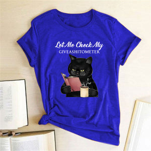 Let Me Check My Give A Shit O Meter Letter Print Funny Black Cat Women T-shirt Short Sleeve Summer Loose Graphic Tee T Shirts