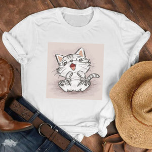 Women Lady Cat Pet Funny Kawaii Casual 90s Style Cartoon Shirt Clothes Tshirt Tee Womens Top Female Print T Graphic T-shirt