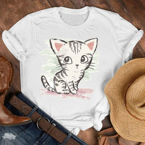Women Lady Cat Pet Funny Kawaii Casual 90s Style Cartoon Shirt Clothes Tshirt Tee Womens Top Female Print T Graphic T-shirt