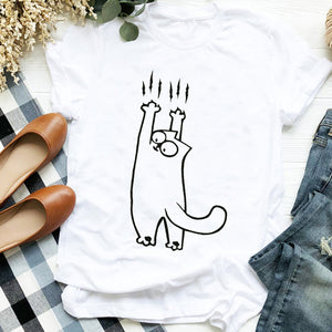Women Lady Cat Shy Face Cute Harajuku  Kawai Geometric Print Shirt T Tee for Womens Clothes Tshirt Female Top Graphic T-shirt