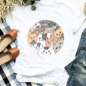 Women Lady Cat Shy Face Cute Harajuku  Kawai Geometric Print Shirt T Tee for Womens Clothes Tshirt Female Top Graphic T-shirt