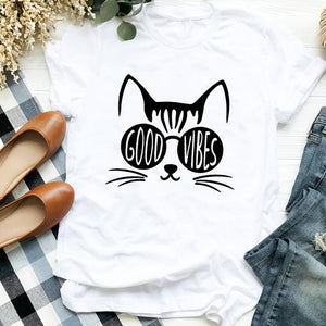 Women Lady Cat Shy Face Cute Harajuku  Kawai Geometric Print Shirt T Tee for Womens Clothes Tshirt Female Top Graphic T-shirt