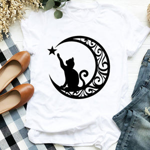 Women Lady Cat Shy Face Cute Harajuku  Kawai Geometric Print Shirt T Tee for Womens Clothes Tshirt Female Top Graphic T-shirt