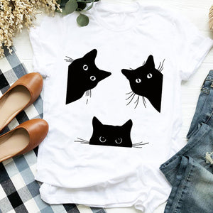 Women Lady Cat Shy Face Cute Harajuku  Kawai Geometric Print Shirt T Tee for Womens Clothes Tshirt Female Top Graphic T-shirt