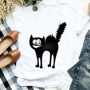 Women Lady Cat Shy Face Cute Harajuku  Kawai Geometric Print Shirt T Tee for Womens Clothes Tshirt Female Top Graphic T-shirt