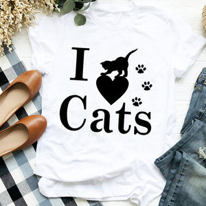 Women Lady Cat Shy Face Cute Harajuku  Kawai Geometric Print Shirt T Tee for Womens Clothes Tshirt Female Top Graphic T-shirt