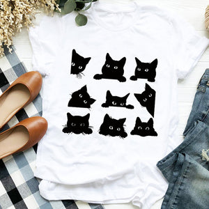 Women Lady Cat Shy Face Cute Harajuku  Kawai Geometric Print Shirt T Tee for Womens Clothes Tshirt Female Top Graphic T-shirt