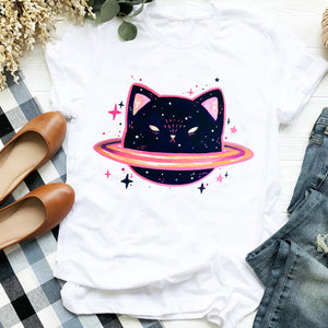 Women Lady Cat Shy Face Cute Harajuku  Kawai Geometric Print Shirt T Tee for Womens Clothes Tshirt Female Top Graphic T-shirt