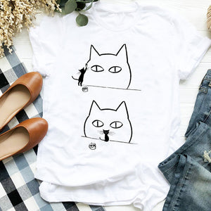 Women Lady Cat Shy Face Cute Harajuku  Kawai Geometric Print Shirt T Tee for Womens Clothes Tshirt Female Top Graphic T-shirt