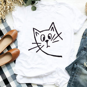 Women Lady Cat Shy Face Cute Harajuku  Kawai Geometric Print Shirt T Tee for Womens Clothes Tshirt Female Top Graphic T-shirt