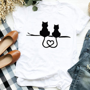 Women Lady Cat Shy Face Cute Harajuku  Kawai Geometric Print Shirt T Tee for Womens Clothes Tshirt Female Top Graphic T-shirt