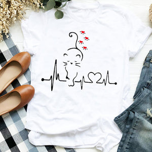 Women Lady Cat Shy Face Cute Harajuku  Kawai Geometric Print Shirt T Tee for Womens Clothes Tshirt Female Top Graphic T-shirt