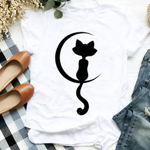 Women Lady Cat Shy Face Cute Harajuku  Kawai Geometric Print Shirt T Tee for Womens Clothes Tshirt Female Top Graphic T-shirt