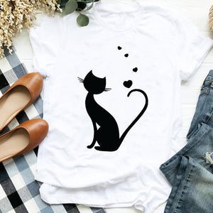 Women Lady Cat Shy Face Cute Harajuku  Kawai Geometric Print Shirt T Tee for Womens Clothes Tshirt Female Top Graphic T-shirt