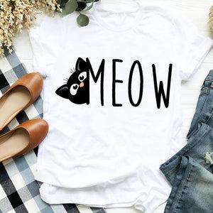 Women Lady Cat Shy Face Cute Harajuku  Kawai Geometric Print Shirt T Tee for Womens Clothes Tshirt Female Top Graphic T-shirt