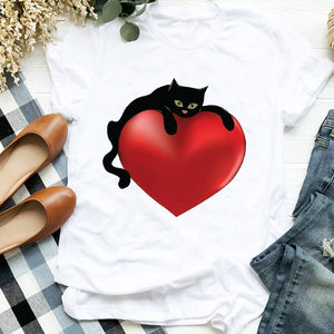 Women Lady Cat Shy Face Cute Harajuku  Kawai Geometric Print Shirt T Tee for Womens Clothes Tshirt Female Top Graphic T-shirt