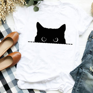 Women Lady Cat Shy Face Cute Harajuku  Kawai Geometric Print Shirt T Tee for Womens Clothes Tshirt Female Top Graphic T-shirt