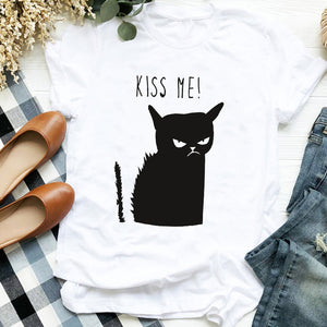 Women Lady Cat Shy Face Cute Harajuku  Kawai Geometric Print Shirt T Tee for Womens Clothes Tshirt Female Top Graphic T-shirt