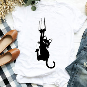 Women Lady Cat Shy Face Cute Harajuku  Kawai Geometric Print Shirt T Tee for Womens Clothes Tshirt Female Top Graphic T-shirt