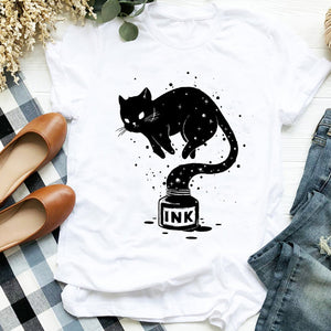 Women Lady Cat Shy Face Cute Harajuku  Kawai Geometric Print Shirt T Tee for Womens Clothes Tshirt Female Top Graphic T-shirt