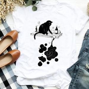 Women Lady Cat Shy Face Cute Harajuku  Kawai Geometric Print Shirt T Tee for Womens Clothes Tshirt Female Top Graphic T-shirt