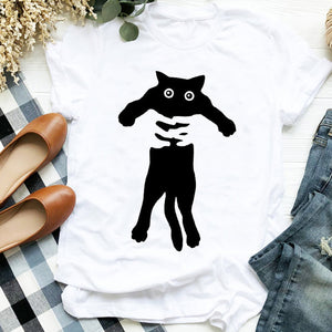 Women Lady Cat Shy Face Cute Harajuku  Kawai Geometric Print Shirt T Tee for Womens Clothes Tshirt Female Top Graphic T-shirt