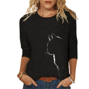 2021 Women Fashion Casual Kawaii Ladies T-Shirt Funny Cute Tunic Female Y2K Cat Printed Tops Long Sleeve Round Neck TShirt Tee