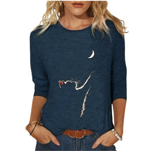 2021 Women Fashion Casual Kawaii Ladies T-Shirt Funny Cute Tunic Female Y2K Cat Printed Tops Long Sleeve Round Neck TShirt Tee